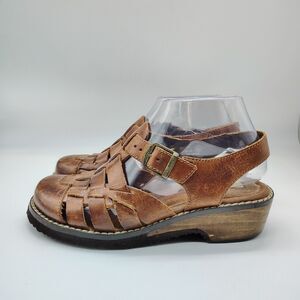 Vtg Woven Brown Leather Buckle Sandals Cottagecore Boho Coastal Grandma 6.5